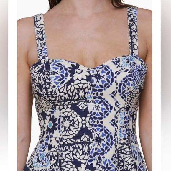 Avec Les Filles Floral Blue Dress Sweetheart Neckline Mini Sundress Womens 2 - Picture 2 of 14
